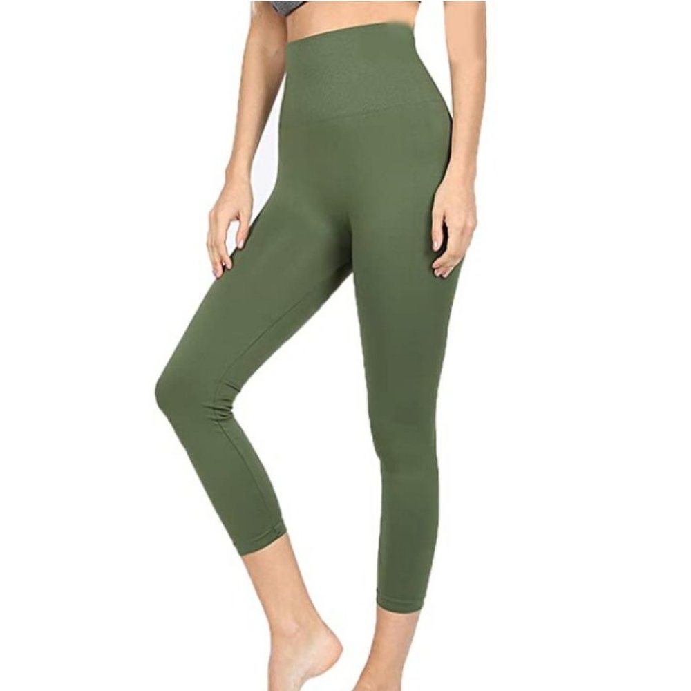 Women Tummy Control High Waist Cropped Leggings - Army Green